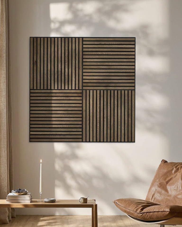 Minimalistisk rom med en lenestol i skinn, et stearinlys og WoodUpp Akupixel Akustikkpanel i rustikk grey oak som kaster geometriske skygger på veggen.